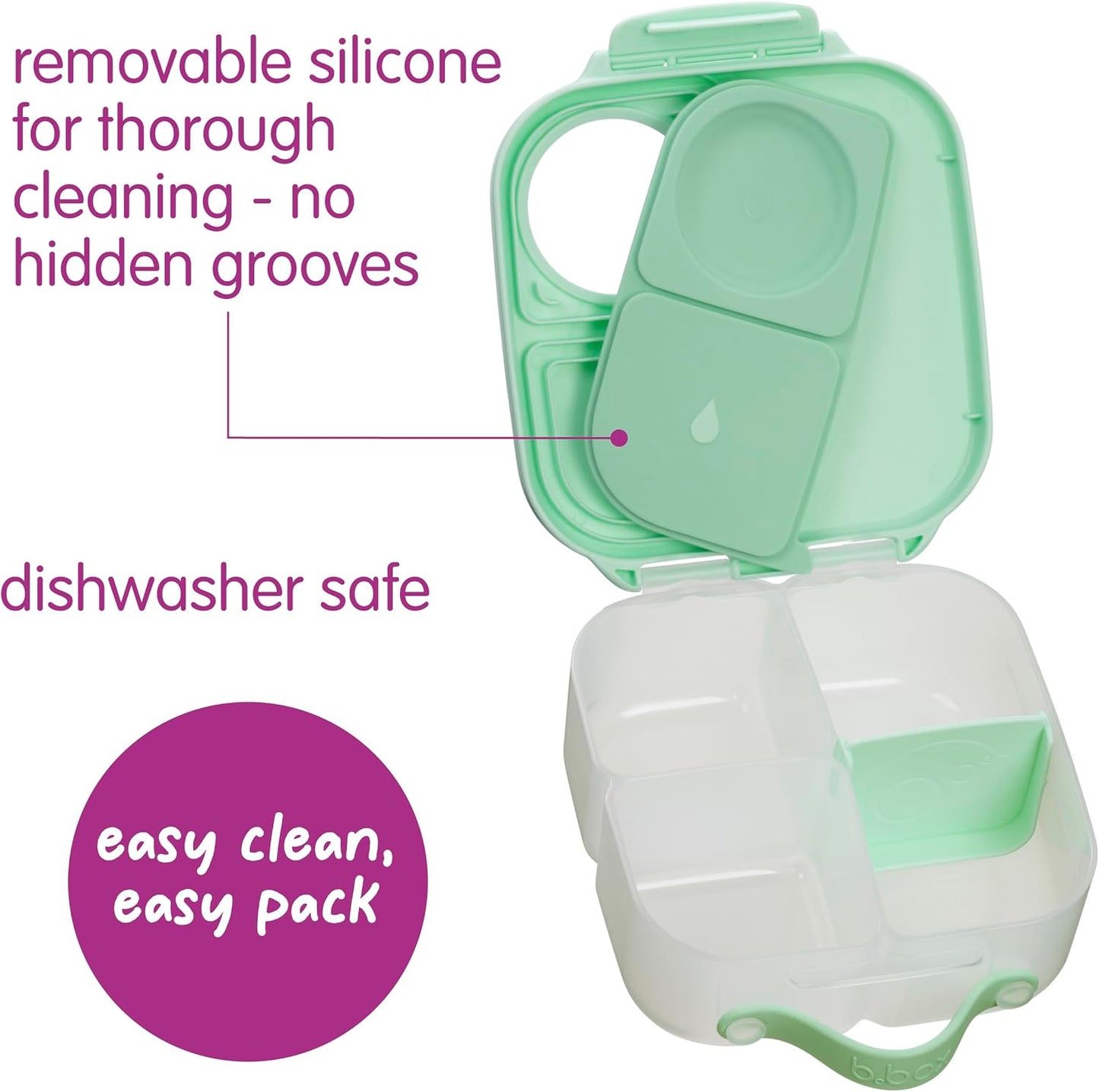 b.box Mini Lunch Box 2-Pack, Leak Proof Bento Box for Kids, 3 Compartment Snack Containers Ages 3+, Lunchbox for Daycare + School, Dishwasher Safe, BPA-Free, PFAS-Free, 4.25 Cup - Blue + Green