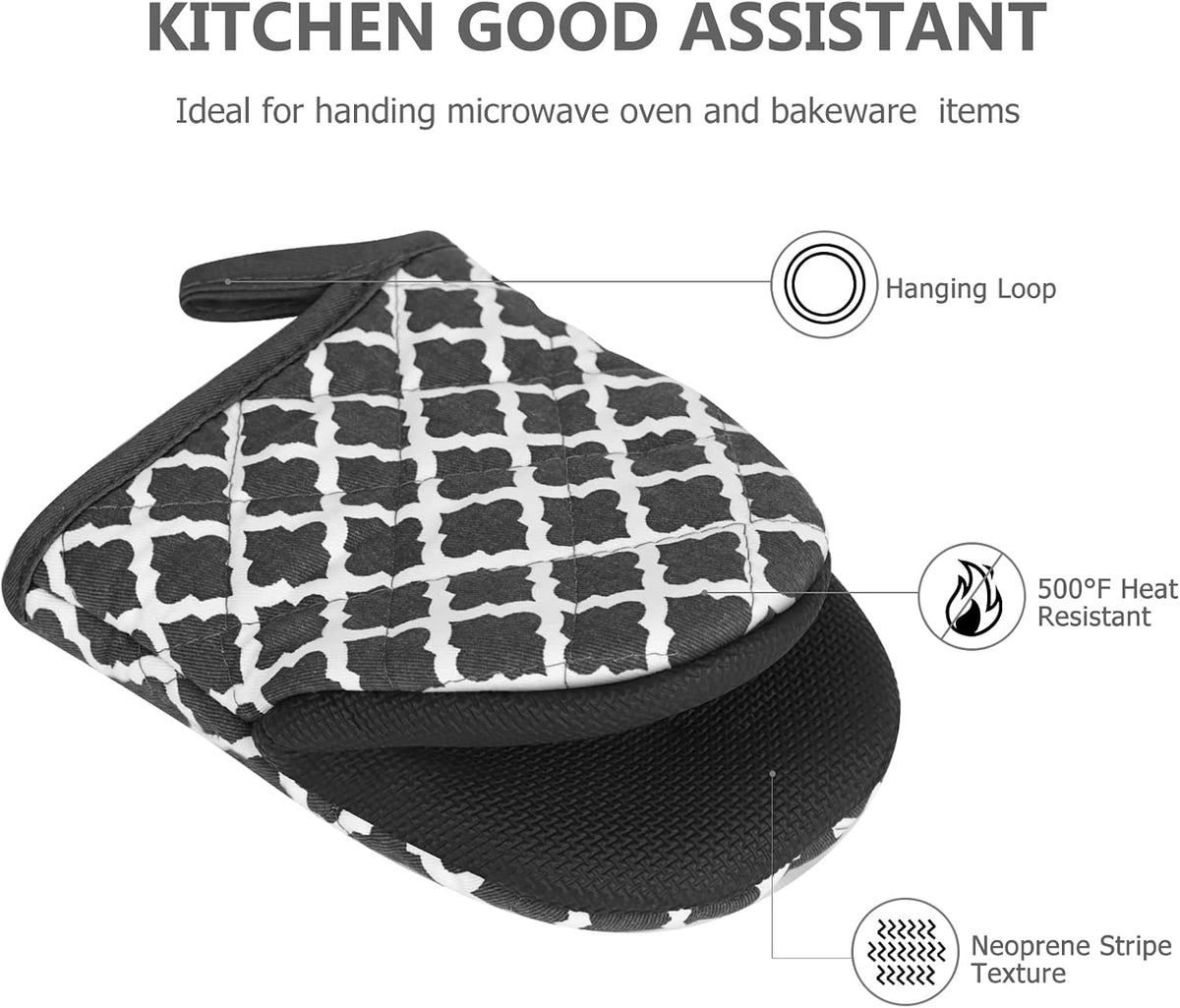1 Pair Short Oven Mitts - Silicone Kitchen Oven Gloves High Heat Resistant 500℉, Mini Oven Mits with Non-Slip Grip Surfaces and Hanging Loop for BBQ, Baking, Cooking and Grilling (Black)