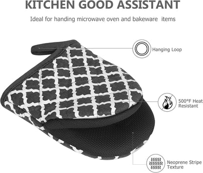 1 Pair Short Oven Mitts - Silicone Kitchen Oven Gloves High Heat Resistant 500℉, Mini Oven Mits with Non-Slip Grip Surfaces and Hanging Loop for BBQ, Baking, Cooking and Grilling (Black)