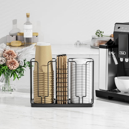 Coffee Cup and Lid Holder - Disposable Cup Holder, Metal Paper Cup Holder 3-Compartment Coffee Cup Dispenser for Countertop Coffee Station Bar Restaurant Office Breakroom Shop Kitchen