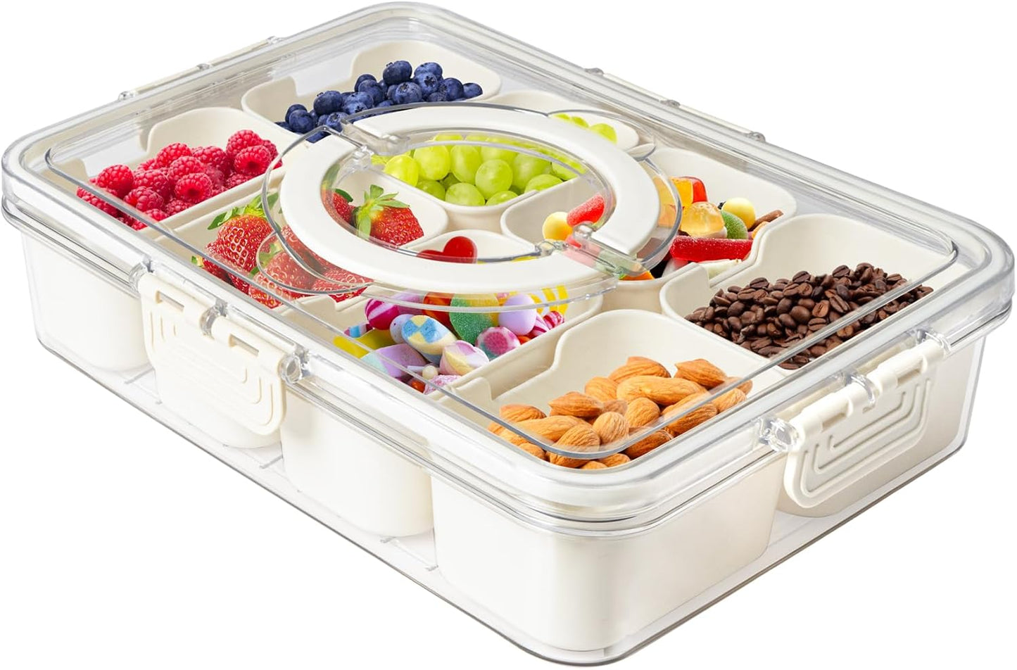 Divided Serving Tray with Lid for Veggie Charcuterie Container Portion Control Salad Keeper with 4 Removable Boxes Stackable Refrigerator Organizer Bins Food Storage Organizer Produce Saver