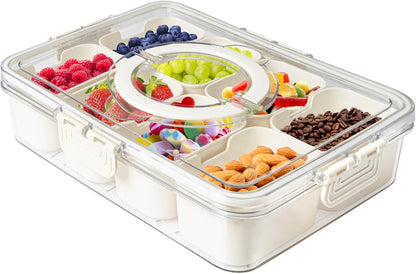 Divided Serving Tray with Lid for Veggie Charcuterie Container Portion Control Salad Keeper with 4 Removable Boxes Stackable Refrigerator Organizer Bins Food Storage Organizer Produce Saver