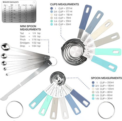 CuttleLab 22-Piece Stainless Steel Measuring Cups and Spoons Set, Tad Dash Pinch Smidgen Drop Mini Measuring Spoons, Measuring Stick Leveler, Measurement Conversion Chart Fridge Magnet, (Charcoal)