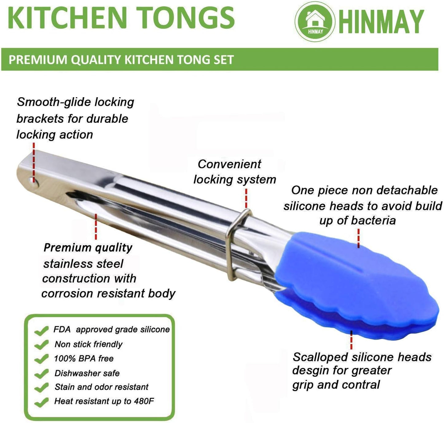 HINMAY Mini Stainless Steel Food Tongs with Silding Rings 7-Inch, Set of 6 | Small Clam Shell Service Tongs for Serving Appetizers, Desserts, Salads, Barbecue and Cooking (Silver)