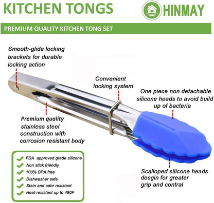 HINMAY Mini Stainless Steel Food Tongs with Silding Rings 7-Inch, Set of 6 | Small Clam Shell Service Tongs for Serving Appetizers, Desserts, Salads, Barbecue and Cooking (Silver)