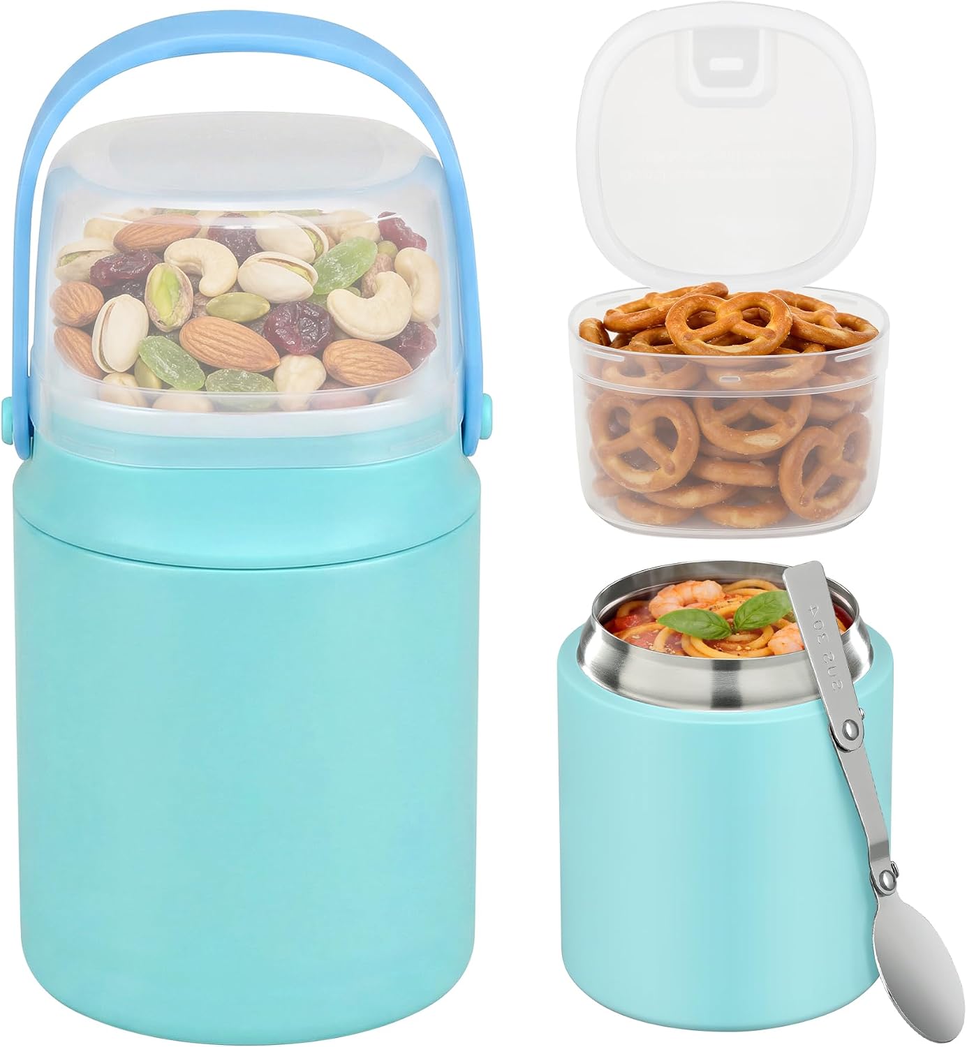 2 - in - 1 Soup Thermo for Hot Food 14oz with Snack Box Container Leak Proof Insulated Lunch Container Kids and Adults Stainless Steel Double Wall Vacuum Wide-mouth Thermal with Spoon and Handle