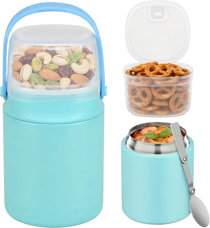 2 - in - 1 Soup Thermo for Hot Food 14oz with Snack Box Container Leak Proof Insulated Lunch Container Kids and Adults Stainless Steel Double Wall Vacuum Wide-mouth Thermal with Spoon and Handle