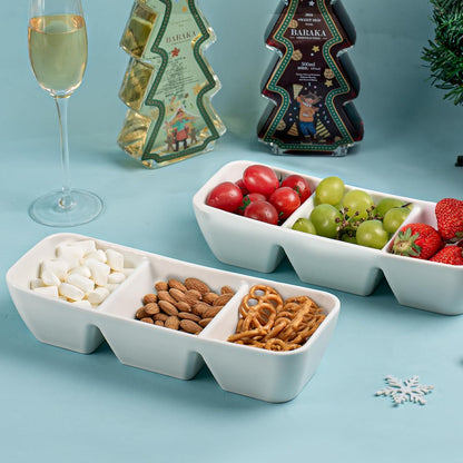 Ceramic Divided Serving Tray 11 Inch, 3 Compartment White Condiment Tray Set of 2, Stackable Chip and Dip Serving Dish for Entertaining, Appetizer Snack Platter for Party Holiday Game Day