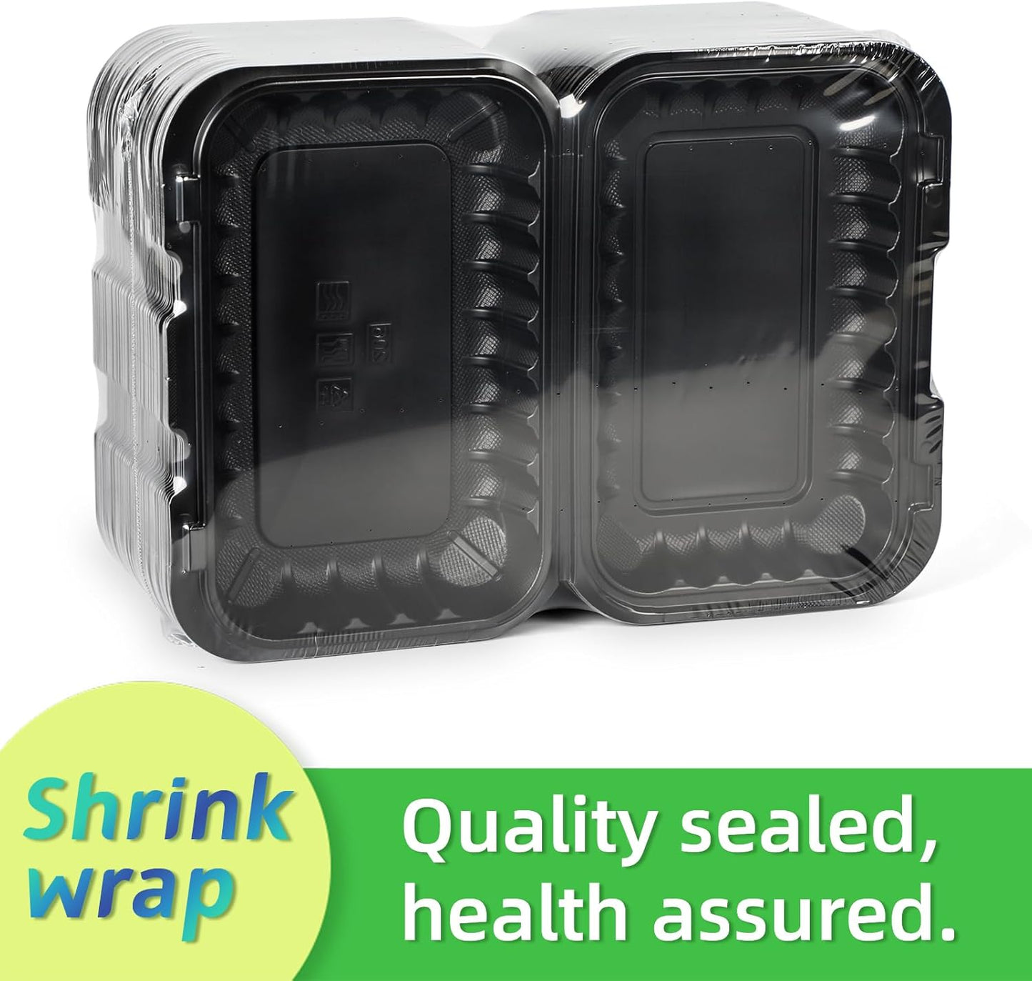Takeout Container Mineral Filled PP Plastic - 7.8 Inch 30oz 65 Pack BPA Free 3 Compartments Shrink Wrap Bento Box | Freezer & Microwave Safe for Picnic | Black Reusable & Disposable Containers