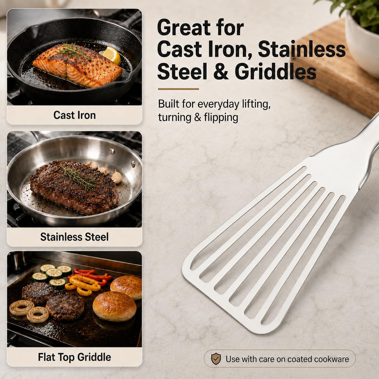 304 Stainless Steel Fish Spatula, Thin Flexible Slotted Turner | Non-Slip Ergonomic Handle, Metal Spatula for Fish, Eggs, Burgers, Cast Iron & Griddle, Black