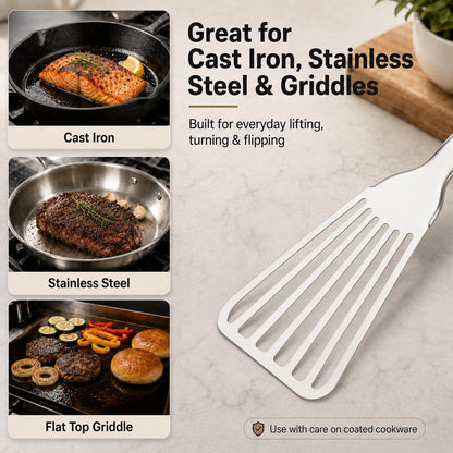 304 Stainless Steel Fish Spatula, Thin Flexible Slotted Turner | Non-Slip Ergonomic Handle, Metal Spatula for Fish, Eggs, Burgers, Cast Iron & Griddle, Black