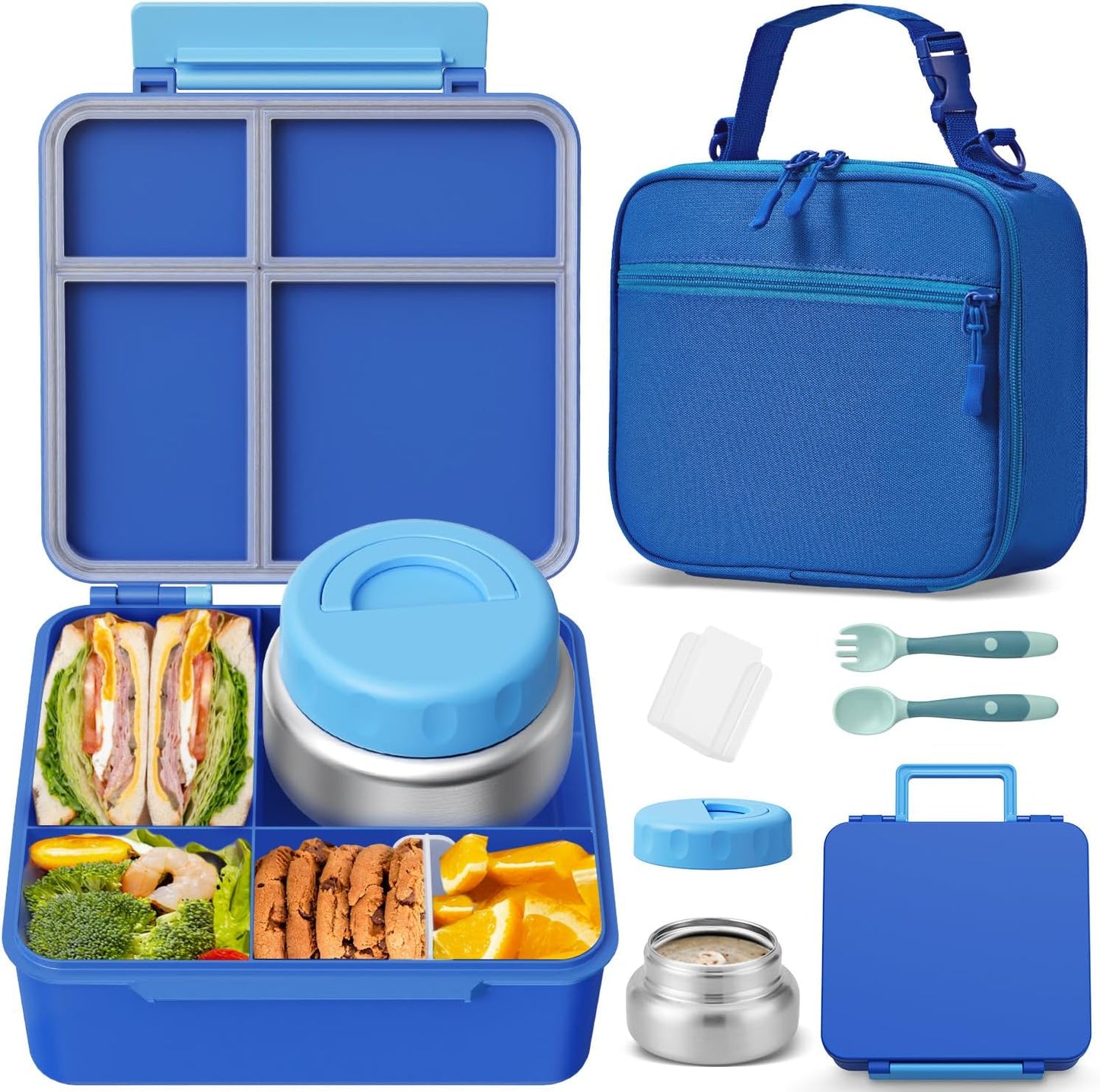 Kids Bento Lunch Box with Thermos, Leakproof Toddler Bento Box with 9 OZ Insulated Food Jar, Lunch Bag & Utensils 3 or 4 Compartment Container for School Girls Boys