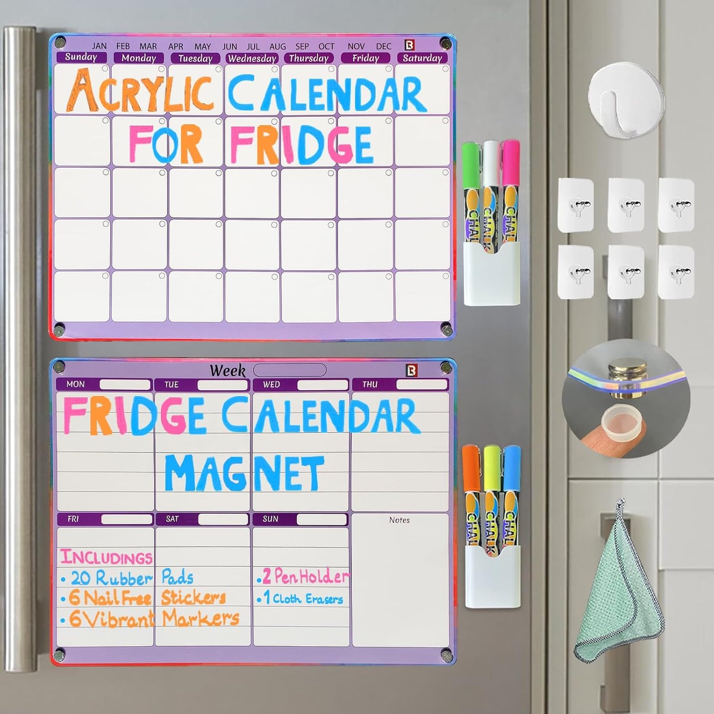 Pink Dry Erase Calendar for Fridge and Wall – Magnetic Acrylic Calendar 16x12 in, Dry Erase Board Reusable for Home or Office with 6 Liquid Chalk Markers | Pink Gifts for Women