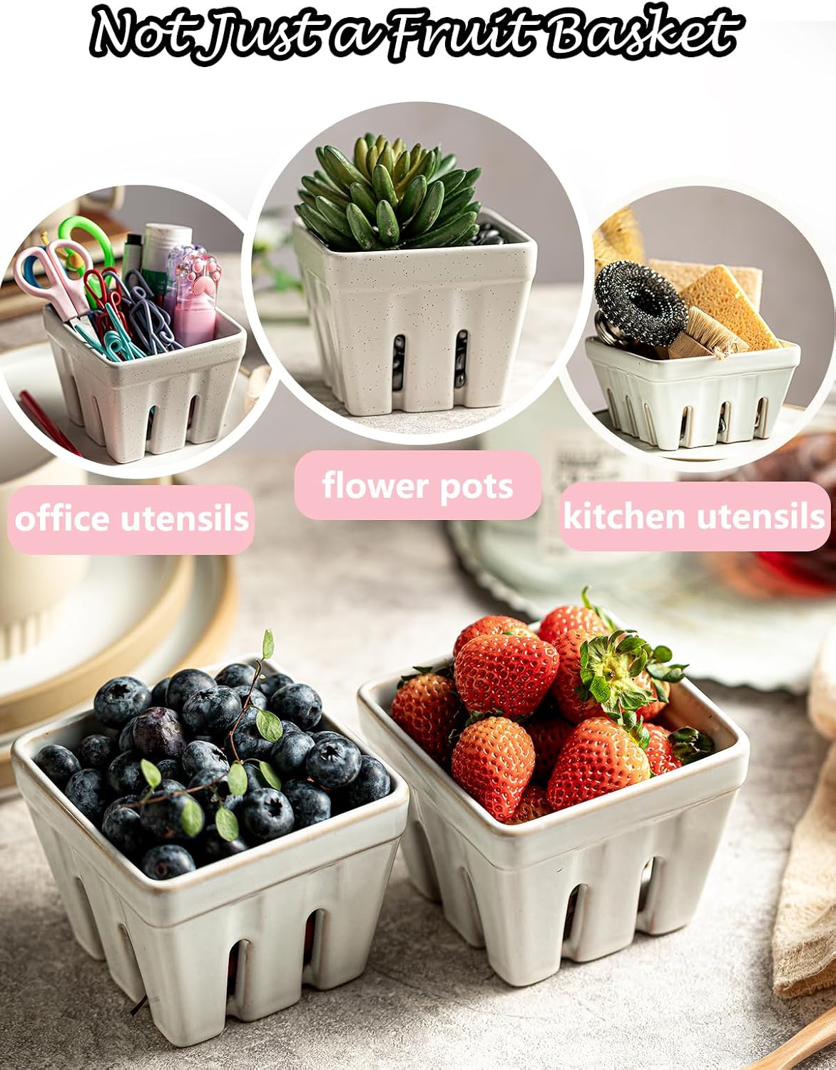 Gomakren Berry Bowls with Holes Ceramic, Berry Washing Bowl Basket Set of 2, 5.8 Inch Round Fruit Bowl Storage Containers, Strawberry Baskets, Farmhouse Kitchen Decor, Yellow + Brown