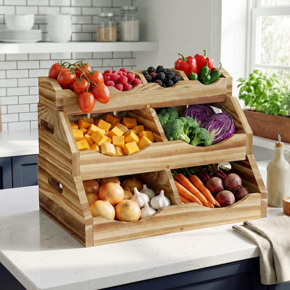 3-Tier Solid Wood Potato and Onion Storage Bin for Kitchen Counter, Stackable Fruit Vegetable Basket with 4-Compartment Top Tray Removable Adjustable, Ventilated Pantry Organizers and Storage