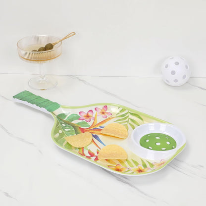 UPware Flamingo Melamine Chip and Dip Snack Tray, Tropical Floral Pickleball Paddle Shape Platter for Chips, Salsa, Fruits, and Appetizers, 15.75 x 8 Inch