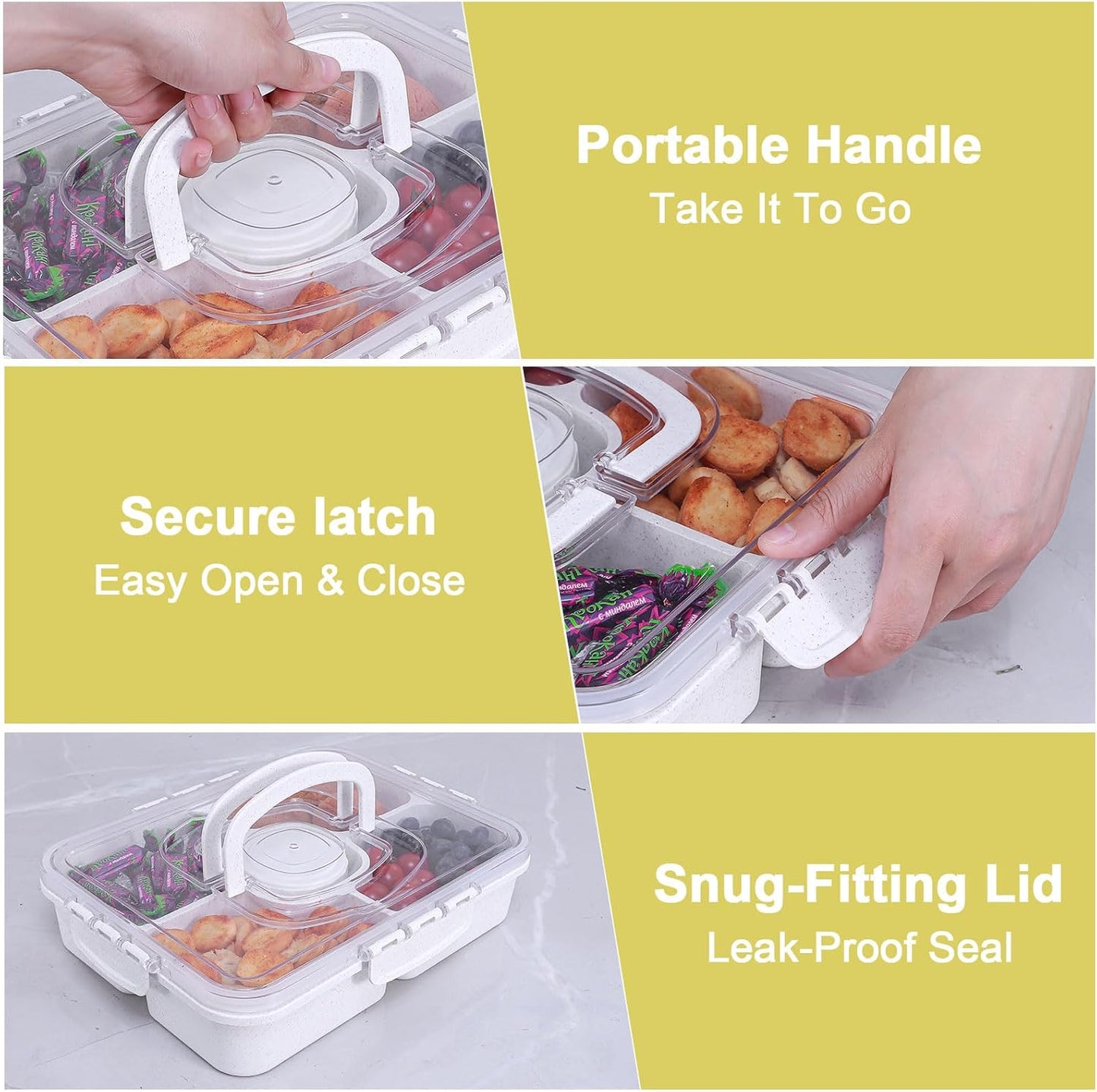 Large Snackle Box Container with Dip Container, 5 Compartments Snack Container with Lid and Handle, Veggie Fruit Divided Serving Tray for Party, Picnic, Dishwasher Safe, BPA-Free