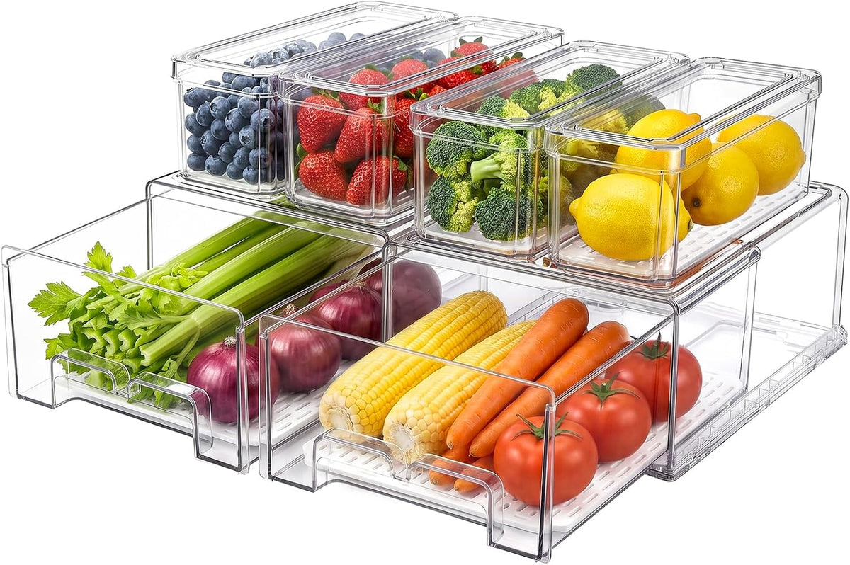 6Pack Fridge Organizers and Storage,Stackable Fridge Organizer Bins with Lids, 2 Pull Out Fridge Organizers and 4 Storage Container with Drain Tray for Fruits, Vegetables, Drinks, Snack and Food