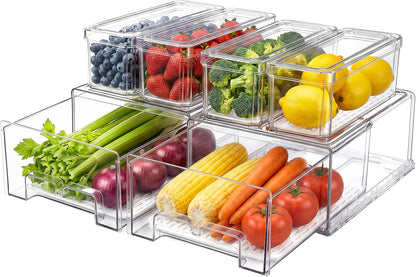 6Pack Fridge Organizers and Storage,Stackable Fridge Organizer Bins with Lids, 2 Pull Out Fridge Organizers and 4 Storage Container with Drain Tray for Fruits, Vegetables, Drinks, Snack and Food