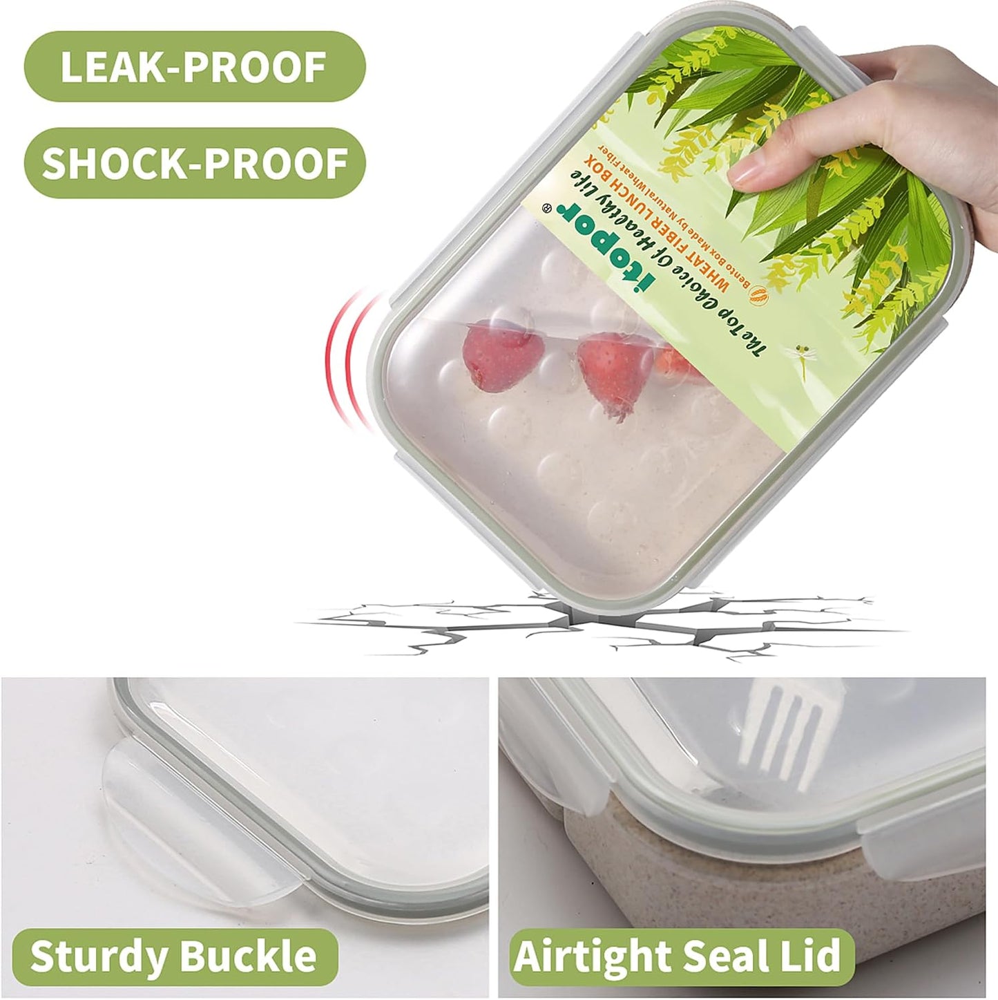 Itopor Classic Wheat Straw Bento Box, Leak-Proof 3-Compartment Lunch Box for Adults & Older Kids, BPA-Free Meal Prep Food Container with Fork, Microwave & Dishwasher Safe, 5.5 Cup, Sage Green
