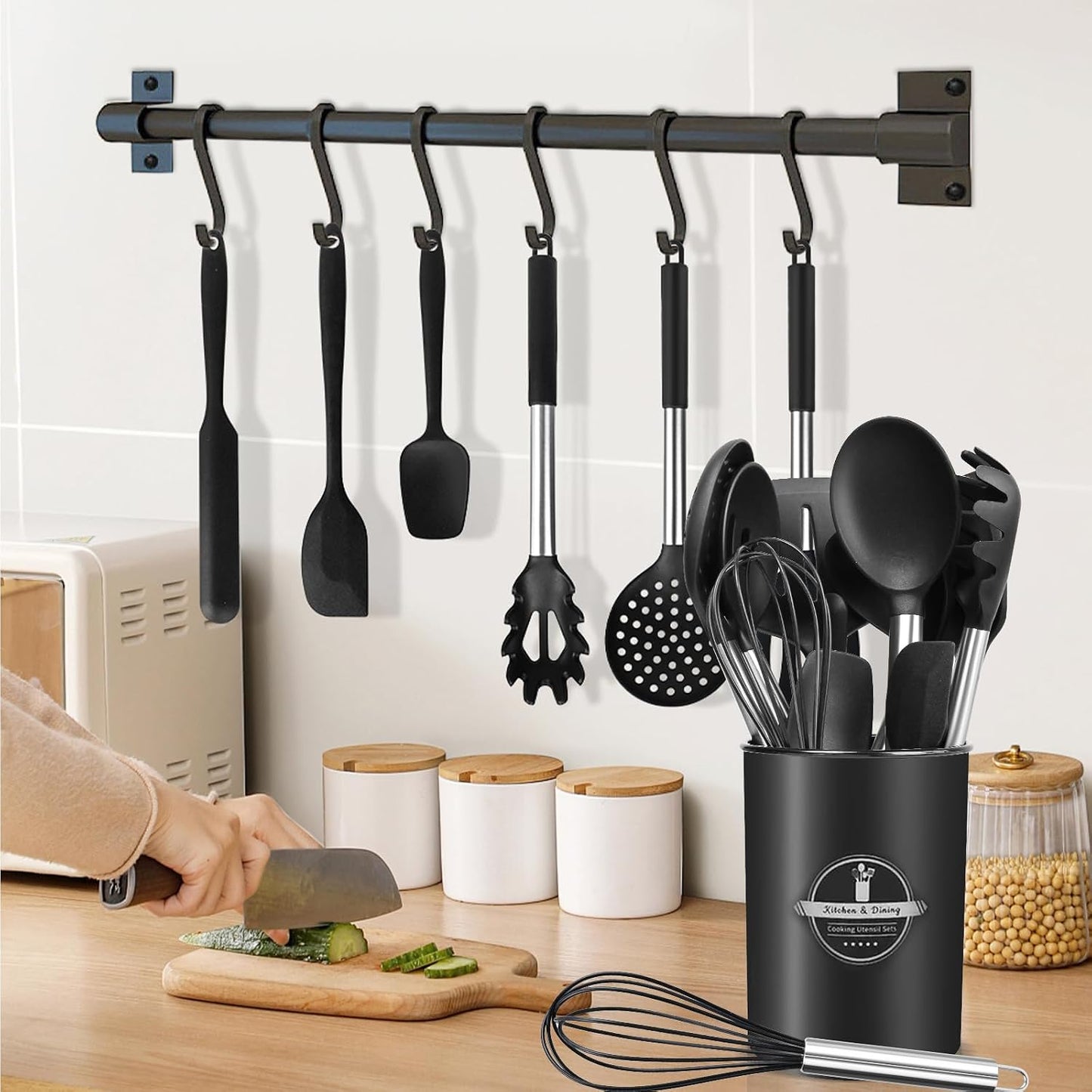 KSENDALO Cooking Utensils Set of 26 - Non Toxic Black Silicone Kitchen Utensils Set with Spoons, Heat Resistant Tong, Whisk & Holder, Dishwasher Safe