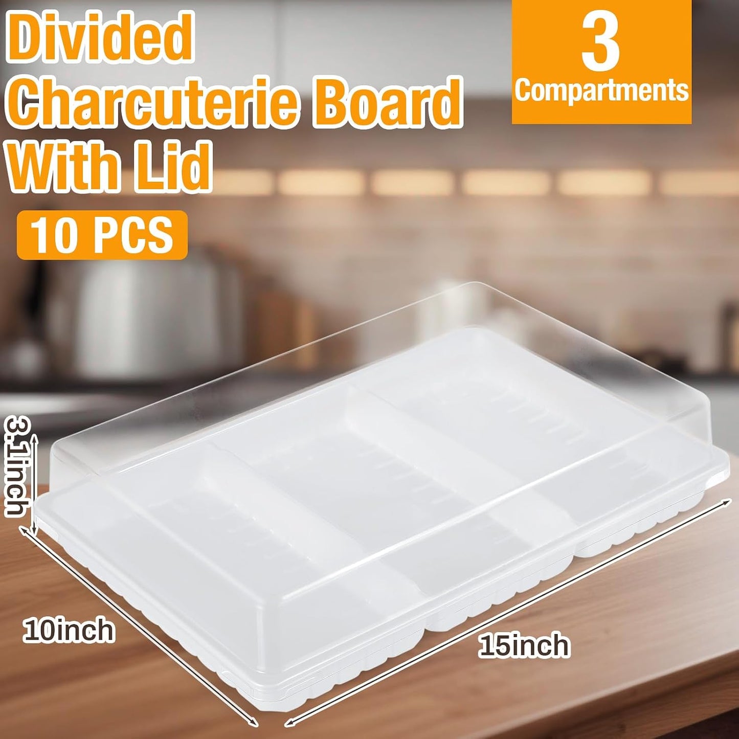 Shellwei 5 Pack Extra Large Charcuterie Board with Lid 15 x 10 Inch 3 Section Divided Catering Trays with Lids Large Disposable Travel Catering Serving Trays Platter (Black)