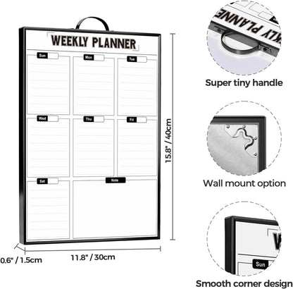 Weekly Planner Dry Erase Calendar for Wall Hanging, 16"x12" Aluminum Frame Whiteboard Calendar with Handle, Portable White Board as Office to Do List, Meal Planner for Home Kitchen