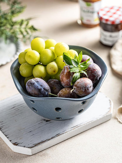 Gomakren Berry Bowls with Holes Ceramic, Berry Washing Bowl Basket Set of 2, 5.8 Inch Round Fruit Bowl Storage Containers, Strawberry Baskets, Farmhouse Kitchen Decor, Yellow + Brown