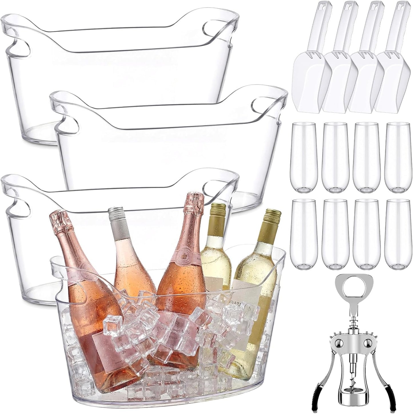 4 Pack 6.5L Clear Ice Buckets for Parties, Large Plastic Beverage Tub Set with Scoops, Champagne Flutes & Wine Opener, Portable Drink Cooler Champagne Bucket for Beer & Mimosa Bar Supplies