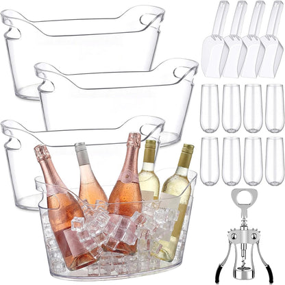 4 Pack 6.5L Clear Ice Buckets for Parties, Large Plastic Beverage Tub Set with Scoops, Champagne Flutes & Wine Opener, Portable Drink Cooler Champagne Bucket for Beer & Mimosa Bar Supplies