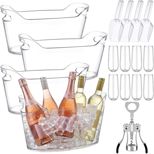 4 Pack 6.5L Clear Ice Buckets for Parties, Large Plastic Beverage Tub Set with Scoops, Champagne Flutes & Wine Opener, Portable Drink Cooler Champagne Bucket for Beer & Mimosa Bar Supplies