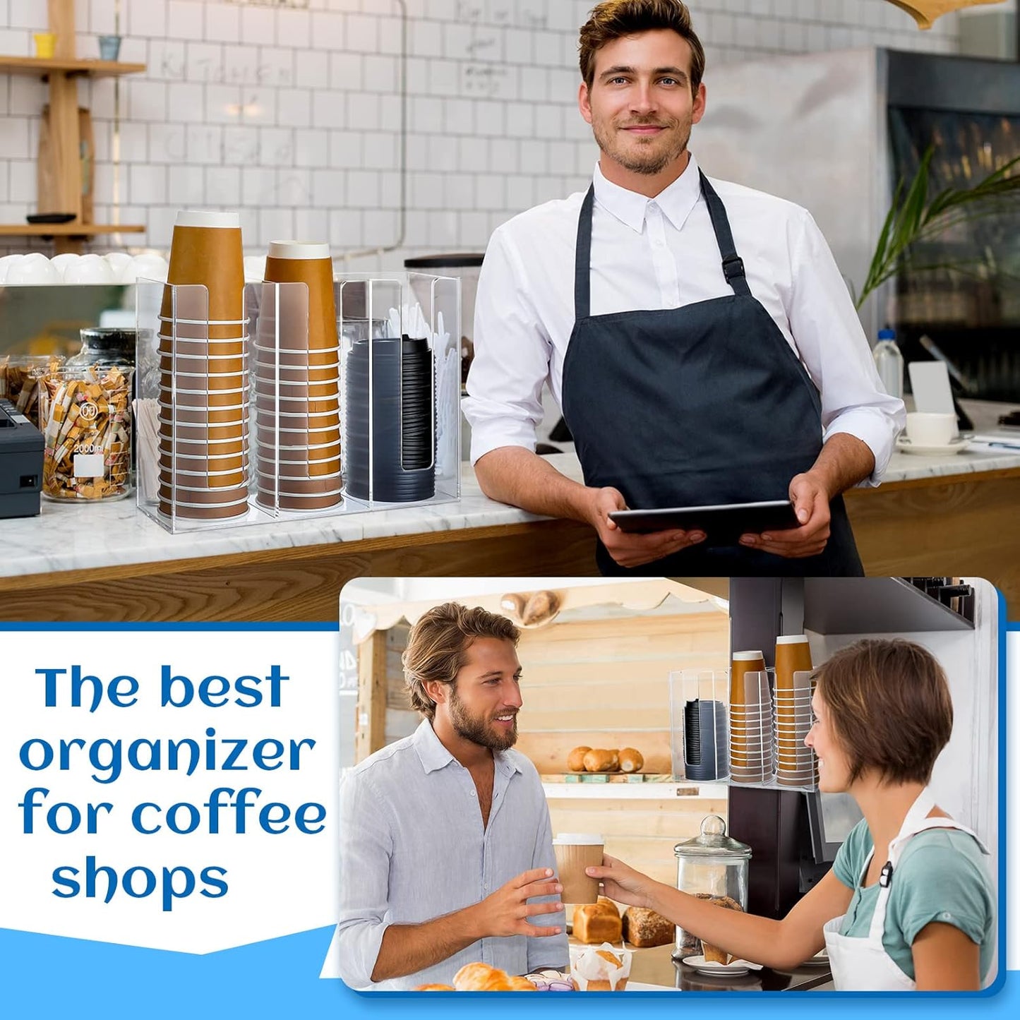 Cunhill 3 Compartments Acrylic Coffee Cup and Lid Dispenser Organizer Disposable Paper Cup Holder Plastic Coffee Shop Supplies Holder Storage for Station Restaurant Kitchen Countertop Bar Party(Clear)