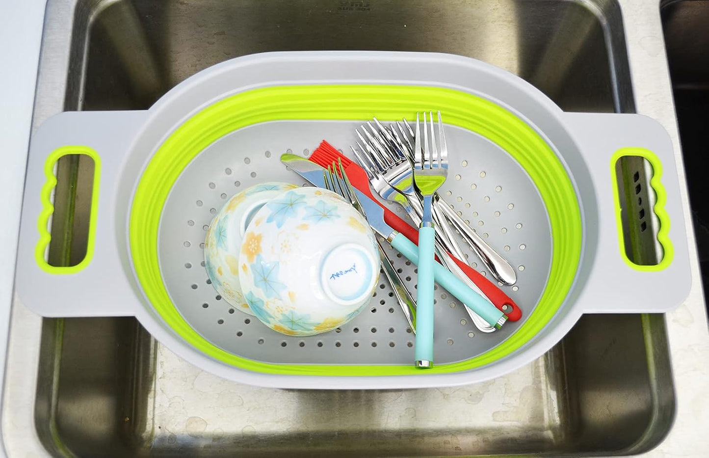 SAMMART 5L (1.3 gallon) Over The Sink Oval Colander (1, Grey/Fluorescent Green)