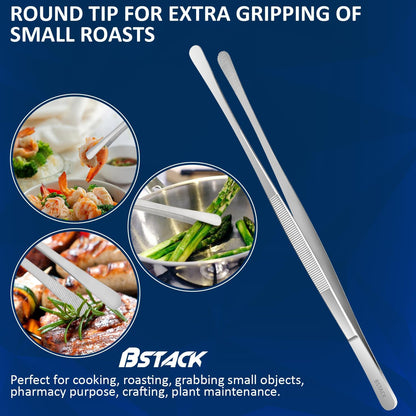 Brand Stack Kitchen Tweezers 12” Japanese Stainless-Steel Cooking Tong Tweezers Set of 2 with Precision Serrated Tip Premium Long Tweezers for Kitchen Serving Food Chef & Pasta Cooking tweezers.