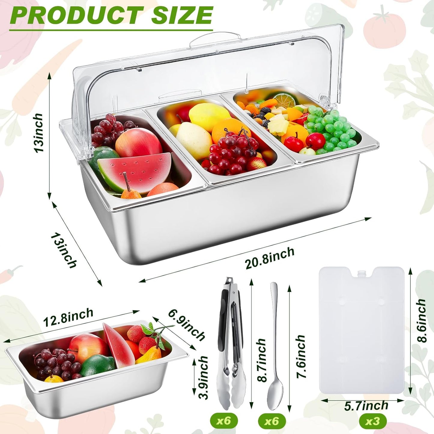Condiment Tray Stainless Steel Serving Display Set with Lid for Buffet Restaurant Kitchen, Food Chilled Container for Salad Fruit Condiments, Keeps Food Fresh with Ice Box(6 Compartments)