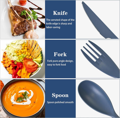 2 Sets Reusable Utensil Set with Case, Portable Plastic Spoons Fork Knife Camping Utensils for Lunch Box Accessories for Kids Adults Travel Picnic Camping Daily Use(Blue, Black)
