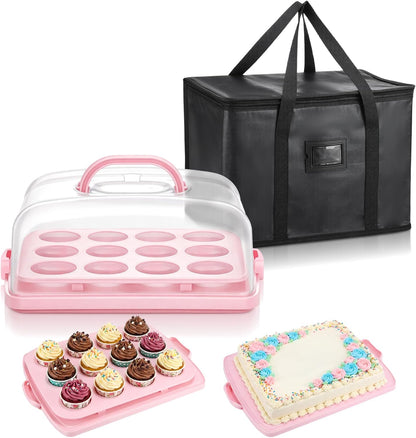 14.7 x 10.9 x 5.9 Inch Rectangle Cake Carrier with Lid and Handle Includes Cupcake Pie Holders Large Waterproof Portable Insulated Bag Pink Cake Carrier with Insert for Secure Dessert Delivery