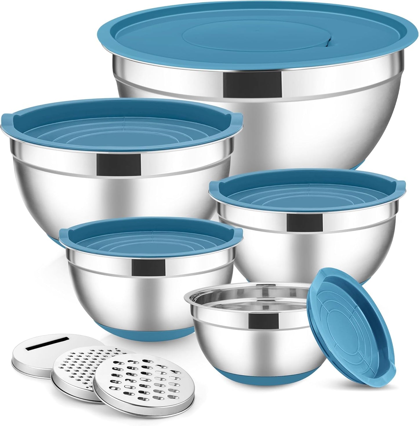 E-far Stainless Steel Mixing Bowls with Lids Set, 5-Piece Nesting Salad Bowls with 3 Grater Attachments and Non-Slip Bottoms, Size 4.6, 2.6, 2, 1.5, 1QT for Kitchen (Khaki)