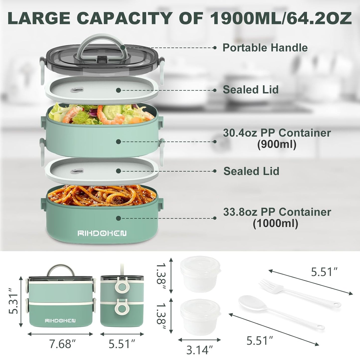 RIKDOKEN Lunch Box, Stackable 3 Layers Containers, Portable 94OZ Large Capacity Leakproof Bento Box with Spoon & Fork & Sauce Boxes, Microwave Safe Lunch Box for Kids and Adults