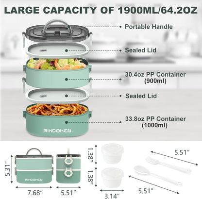 RIKDOKEN Lunch Box, Stackable 3 Layers Containers, Portable 94OZ Large Capacity Leakproof Bento Box with Spoon & Fork & Sauce Boxes, Microwave Safe Lunch Box for Kids and Adults