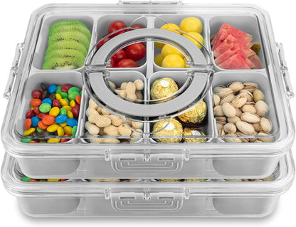 Divided Serving Tray with Lid and Handle,8 Compartments Snacks Box,Snack Fruit Tray,Veggie Tray,Portable Platter for Candy Fruits Nuts Snack Party Entertaining Picnic (2PCS Pink)