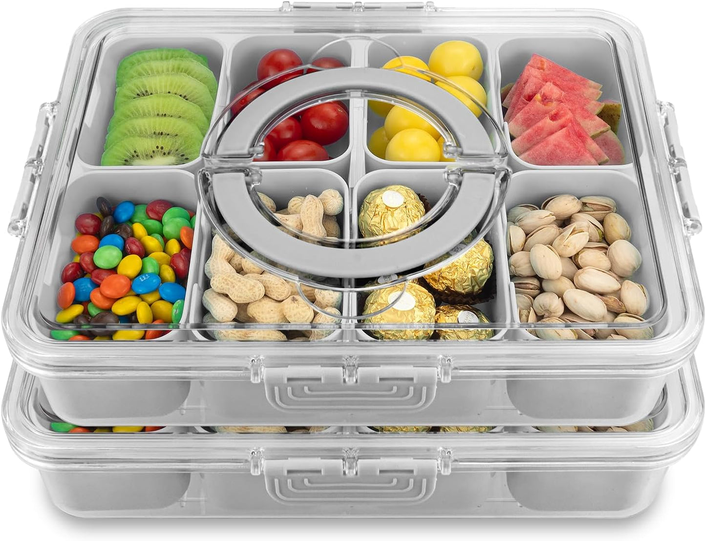 Divided Serving Tray with Lid and Handle,8 Compartments Snacks Box,Snack Fruit Tray,Veggie Tray,Portable Platter for Candy Fruits Nuts Snack Party Entertaining Picnic (2PCS Pink)
