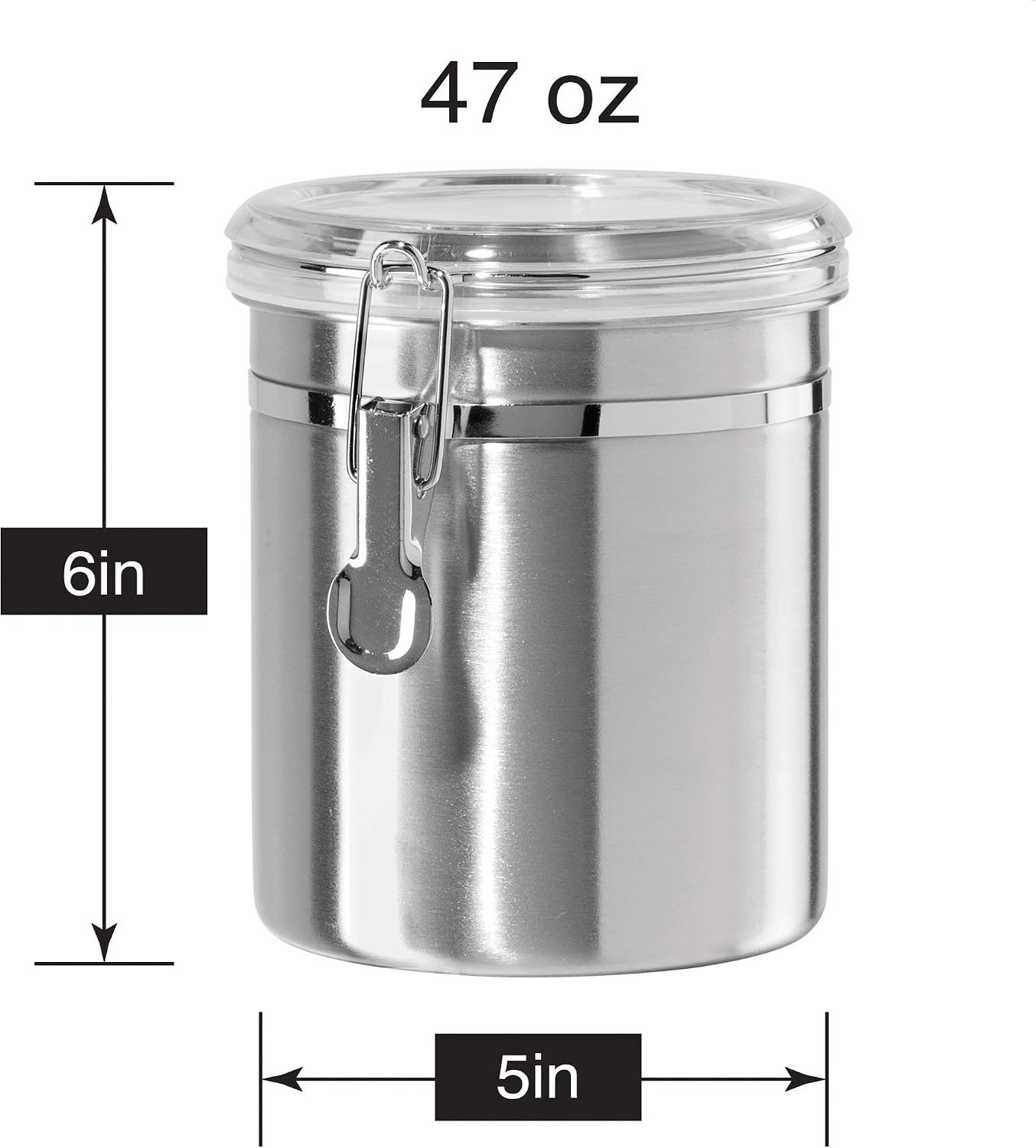 Oggi Stainless Steel Kitchen Canister 62 fl oz - Airtight Clamp Lid, Clear See-Thru Top - Ideal for Kitchen Storage, Food Storage, Pantry Storage. Large Size 5" x 7.5".