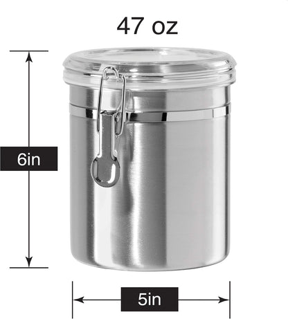 Oggi Stainless Steel Kitchen Canister 62 fl oz - Airtight Clamp Lid, Clear See-Thru Top - Ideal for Kitchen Storage, Food Storage, Pantry Storage. Large Size 5" x 7.5".