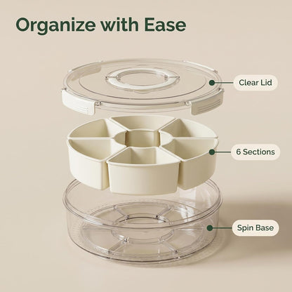 Rotating Divided Serving Tray with Lid and Handle, 6 Compartment Snackle Box Container, Airtight Portable Veggie Fruit Tray for Party Picnic Kitchen Camping