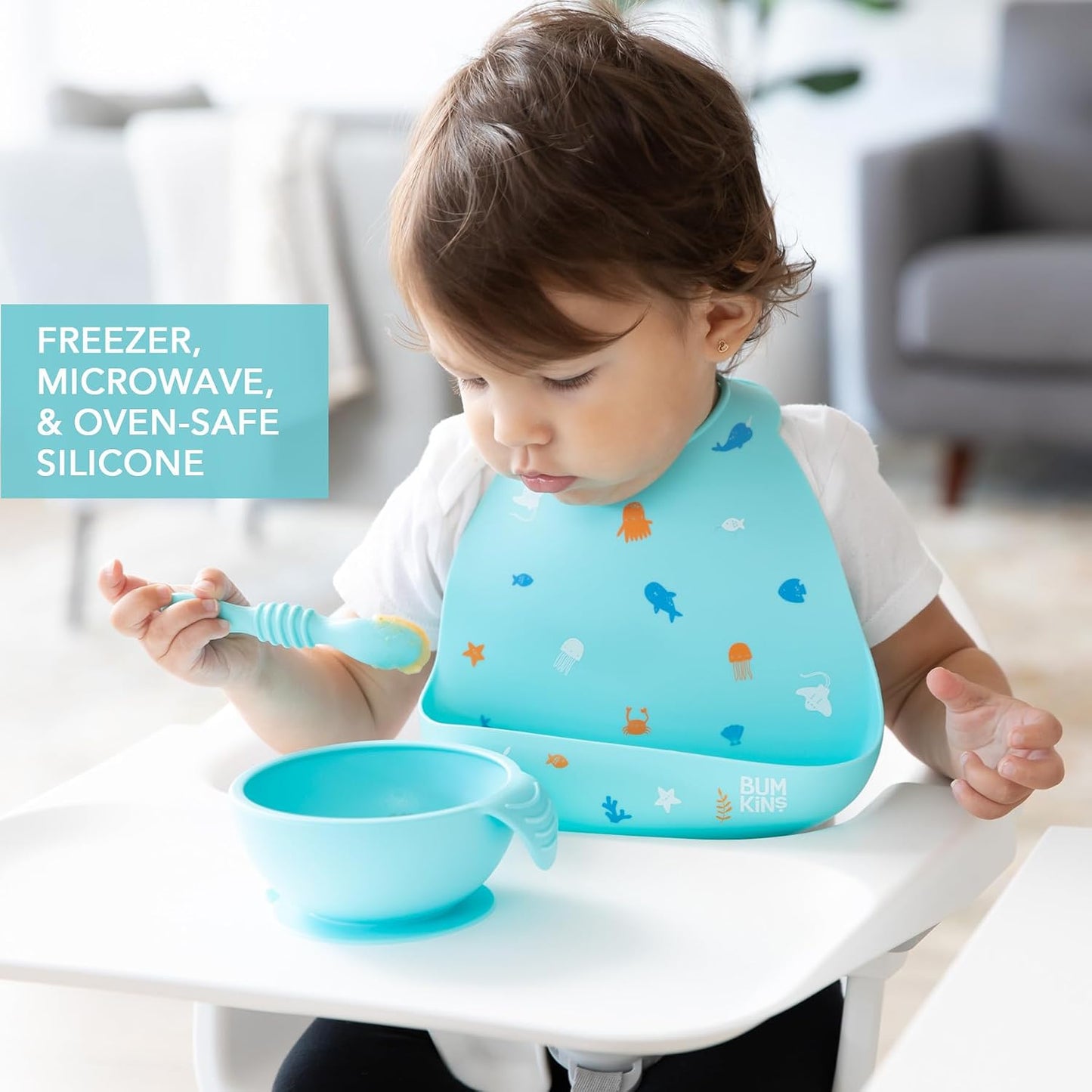 Bumkins Baby Bowl, Silicone Feeding Set with Suction for Baby and Toddler, Includes Spoon and Lid, First Feeding Set, Training Essentials for Baby Led Weaning for Babies 4 Months Up, Sage