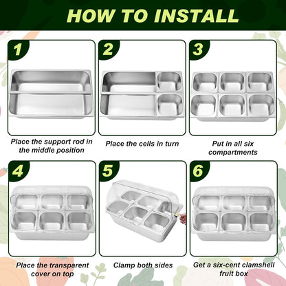 Condiment Tray Stainless Steel Serving Display Set with Lid for Buffet Restaurant Kitchen, Food Chilled Container for Salad Fruit Condiments, Keeps Food Fresh with Ice Box(6 Compartments)