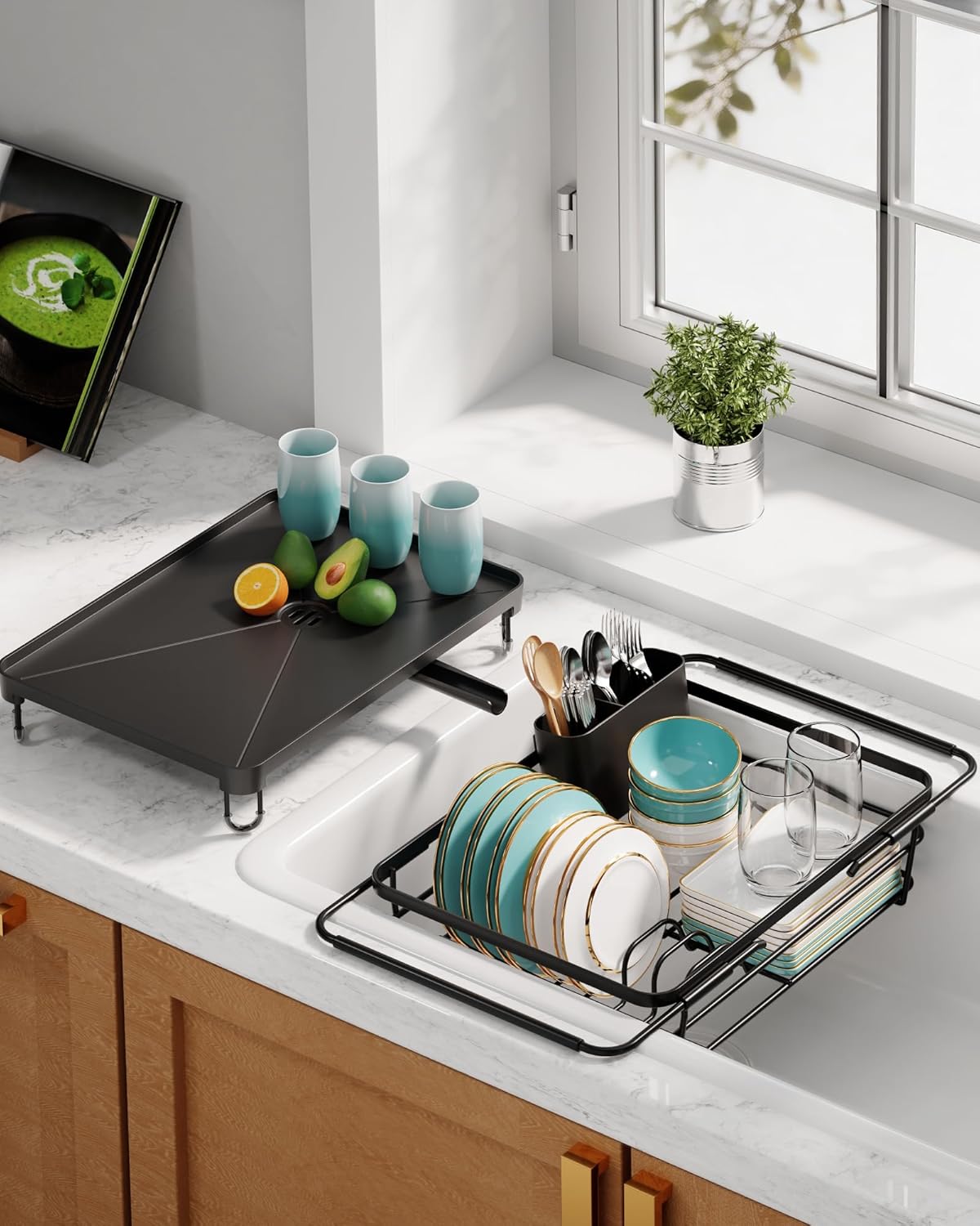 Sakugi Dish Drying Rack in Sink - Expandable Stainless Steel Dish Rack Over the Sink, Kitchen Sink Drain Strainer with Cutlery Holder & Cup Holders, 15.4 x 9.8 x 3.0 Inch, Black