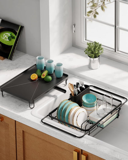 Sakugi Dish Drying Rack in Sink - Expandable Stainless Steel Dish Rack Over the Sink, Kitchen Sink Drain Strainer with Cutlery Holder & Cup Holders, 15.4 x 9.8 x 3.0 Inch, Black