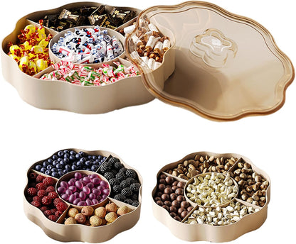 Dry Fruit Tray 5 Compartments Relish Tray with Lid Round Plastic Serving Dishes for Nut, Snack, Fruit, Candies, Cookie Home, Office 9.5x9.5x3.4 inch
